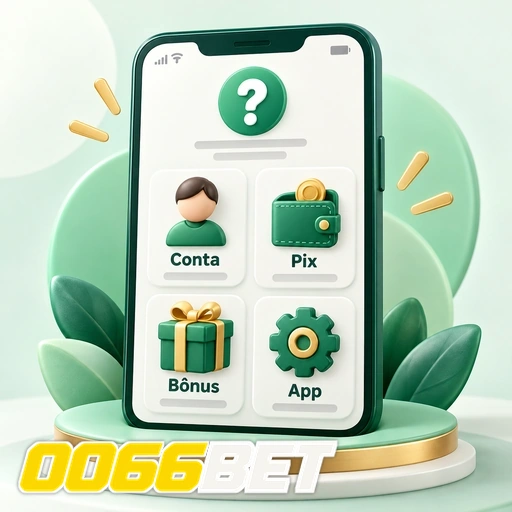 0066BET — ilustração de celular com categorias de ajuda sobre conta, Pix, bônus e aplicativo