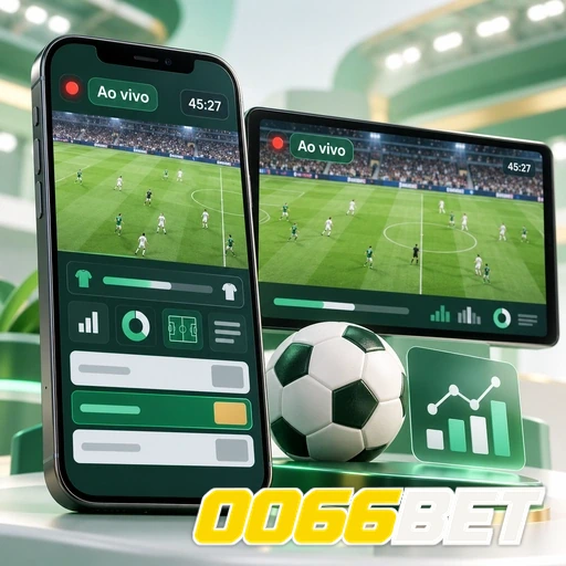 0066BET — ilustração de celular e tablet com uma partida de futebol ao vivo