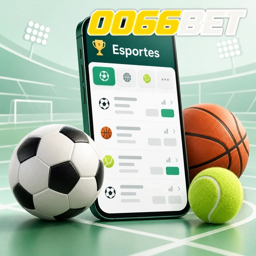 0066BET — ilustração de aplicativo esportivo com bolas de futebol, basquete e tênis