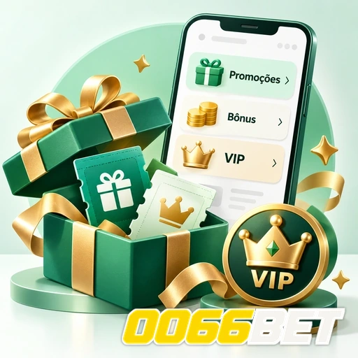 0066BET — ilustração de presentes, promoções e símbolo VIP ao lado de um celular