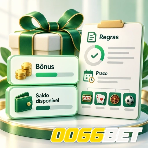 0066BET — ilustração de bônus, saldo disponível e lista de regras e prazos