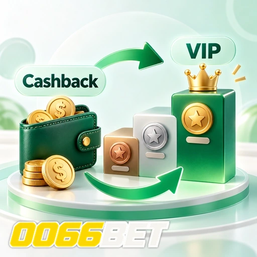 0066BET — ilustração de cashback e nível VIP com moedas, carteira e coroa