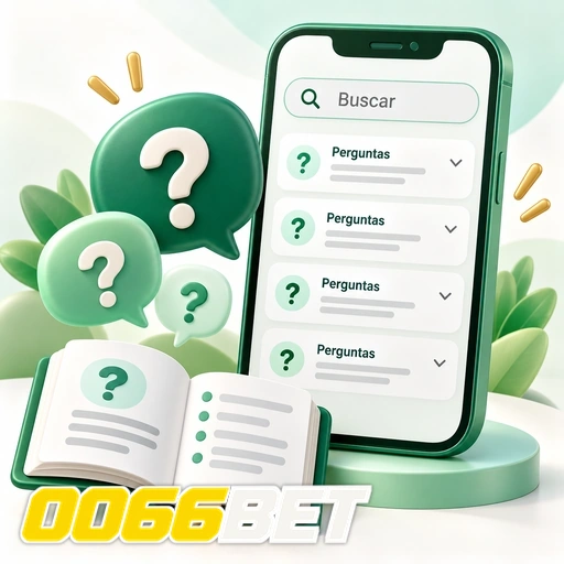 0066BET — ilustração de perguntas frequentes no celular com busca e pontos de interrogação