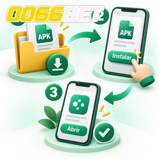 0066BET — ilustração das etapas de baixar, instalar e abrir um APK no celular