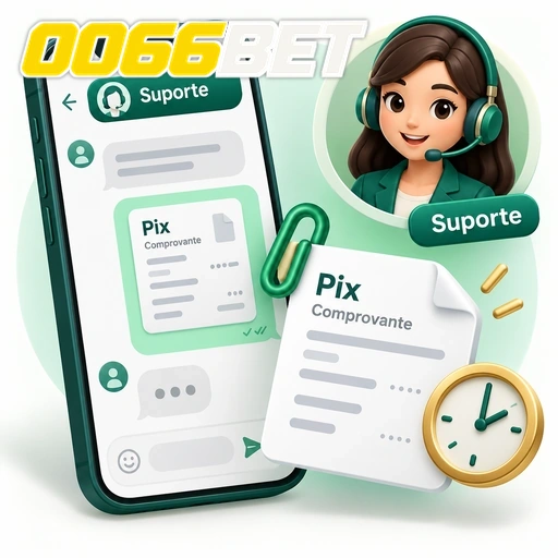 0066BET — ilustração de atendimento por chat com comprovante Pix e relógio