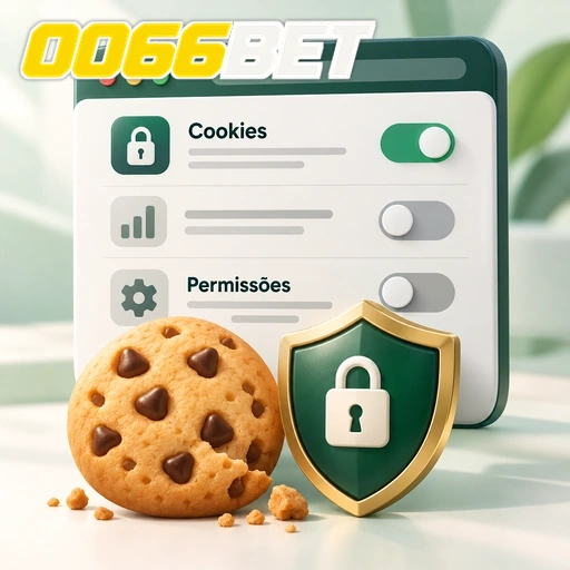 0066BET — ilustração de configurações de cookies e permissões com escudo e cadeado