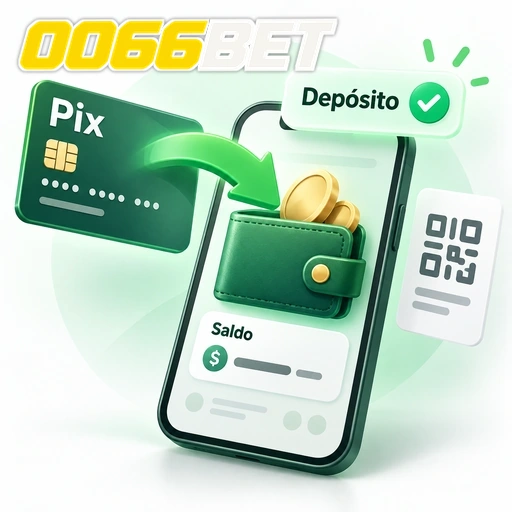0066BET — ilustração de depósito Pix com QR code, carteira e saldo no celular