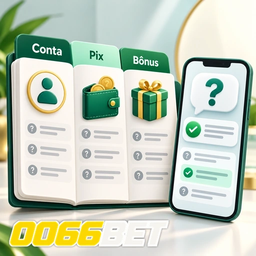 0066BET — ilustração de ajuda sobre conta, Pix e bônus em telas de celular