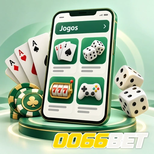 0066BET — ilustração de jogos no celular com cartas, dados e fichas