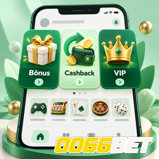 0066BET — ilustração de lobby de jogos com bônus, cashback e área VIP