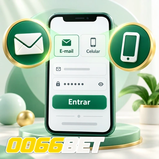 0066BET — ilustração de login no celular com opções de e-mail e número de telefone