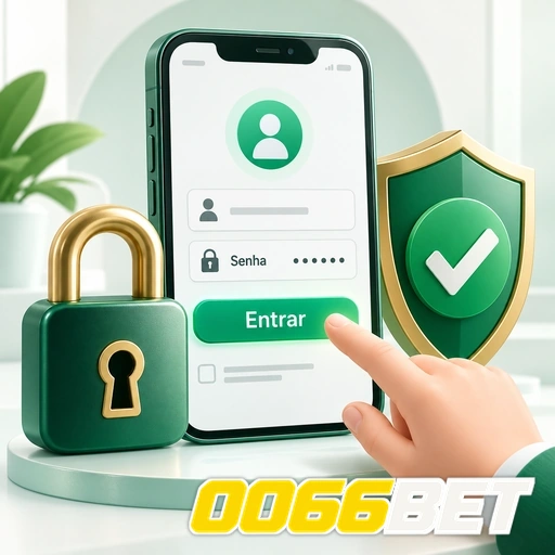0066BET — ilustração de login no celular com cadeado e escudo de segurança
