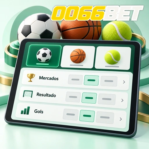 0066BET — ilustração de mercados esportivos em tablet com bolas de diferentes esportes
