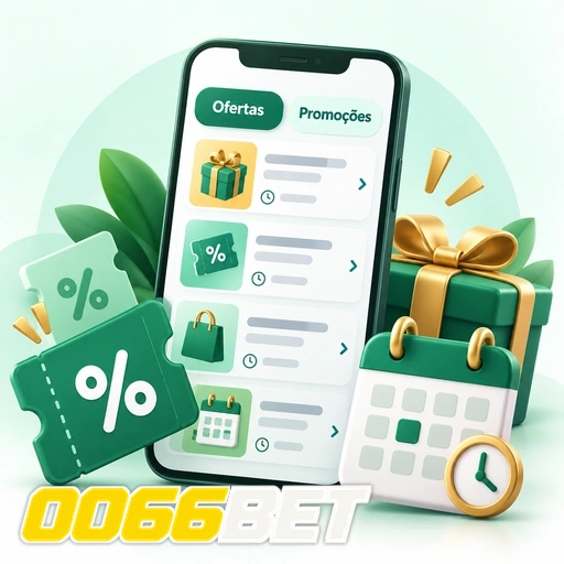 0066BET — ilustração de ofertas e promoções no celular com presentes e símbolos de porcentagem