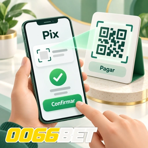 0066BET — ilustração de pagamento Pix no celular com QR code e confirmação