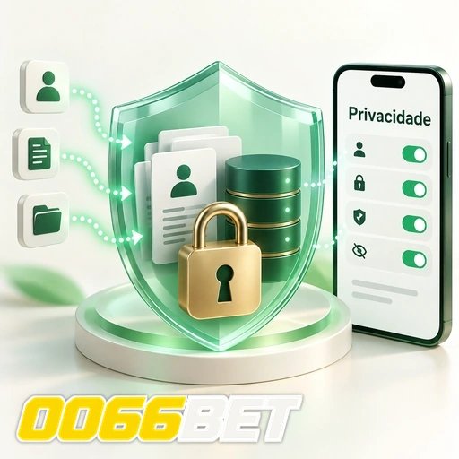 0066BET — ilustração de privacidade e proteção de dados com escudo, cadeado e celular