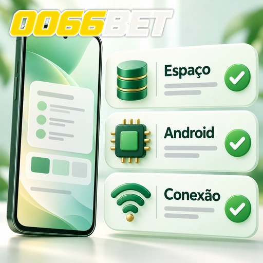 0066BET — ilustração dos requisitos de espaço, Android e conexão para o aplicativo