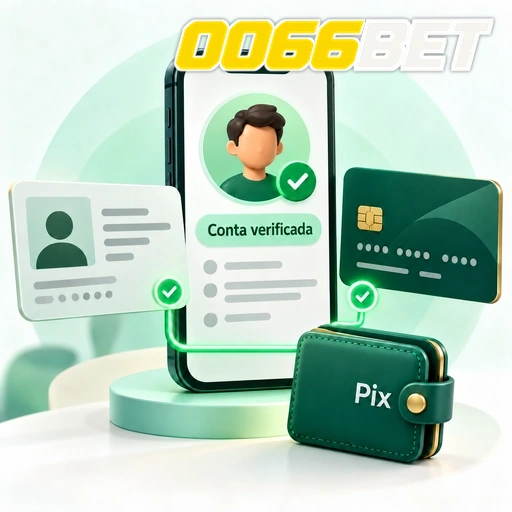 0066BET — ilustração de verificação de conta com documento de identidade, cartão e carteira Pix